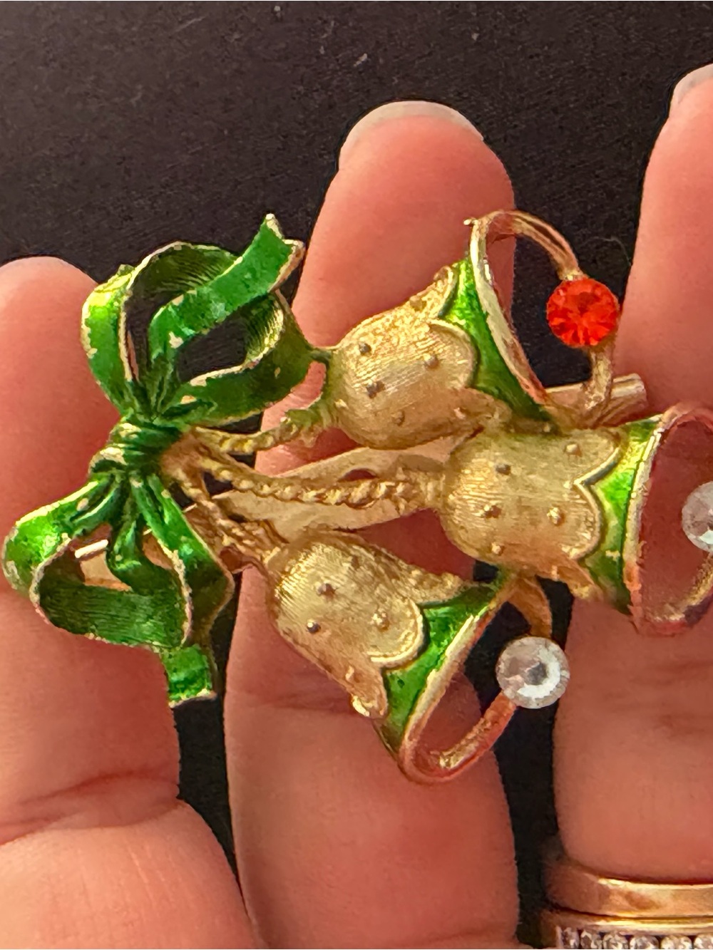 4/$50 Festive Gold & Green Bell Brooch with Green Enamel Bow
